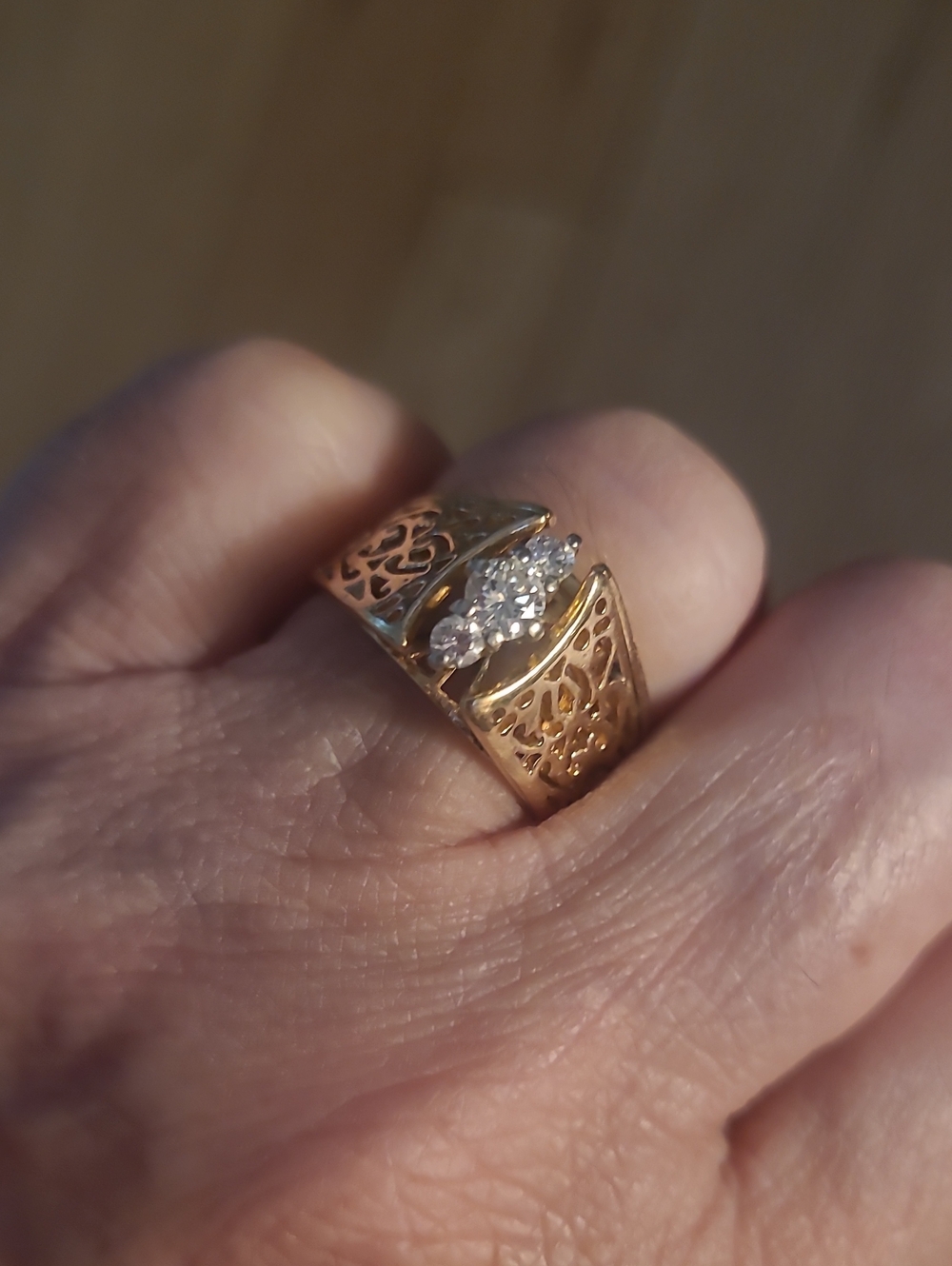 Gold 14k Yellow Filigree Band Ring with Diamonds Stone Accent - Women Jewelry